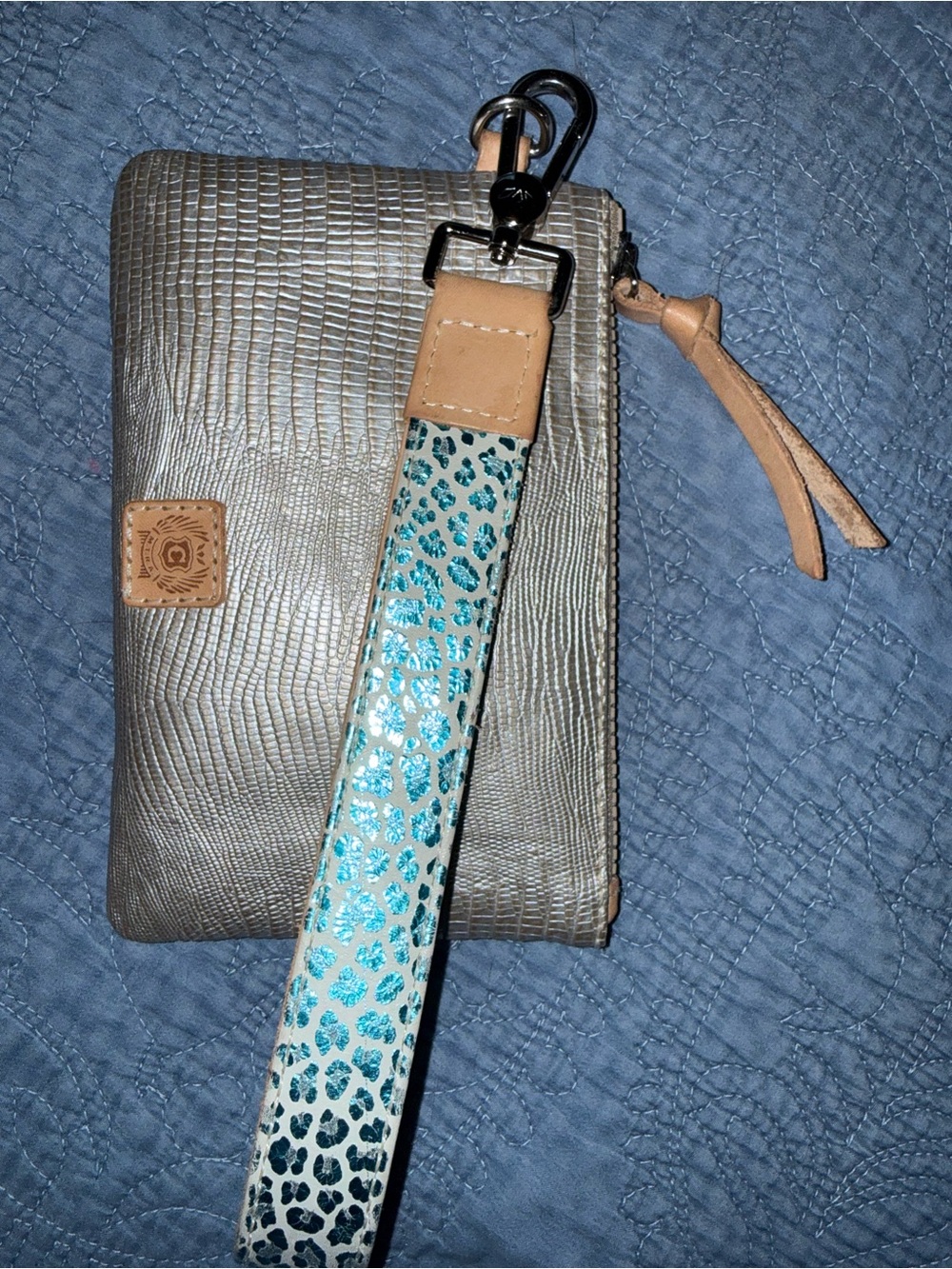 Metallic Textured Wristlet with Teal Leopard Strap